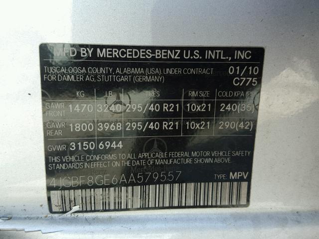 4JGBF8GE6AA579557 - 2010 MERCEDES-BENZ GL 550 4MA SILVER photo 10