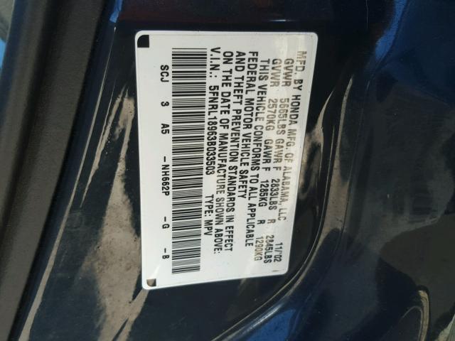 5FNRL18963B033503 - 2003 HONDA ODYSSEY EX BLUE photo 10