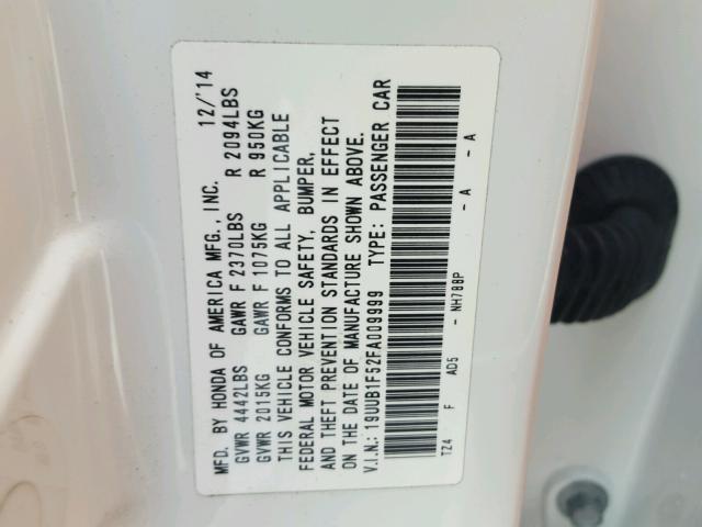 19UUB1F52FA009999 - 2015 ACURA TLX TECH WHITE photo 10