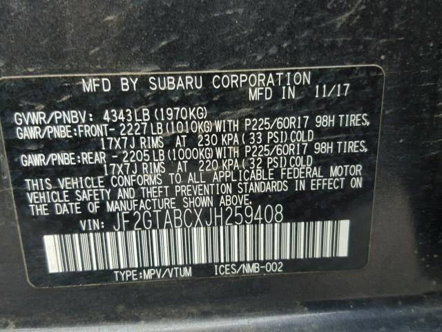 JF2GTABCXJH259408 - 2018 SUBARU CROSSTREK CHARCOAL photo 10