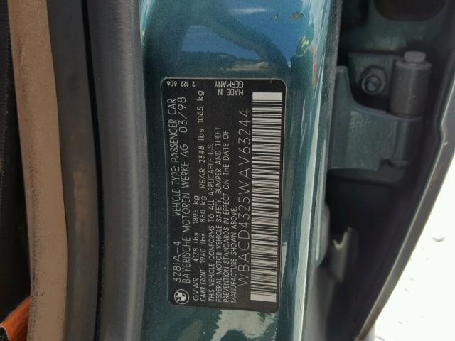 WBACD4325WAV63244 - 1998 BMW 328 I AUTO GREEN photo 10