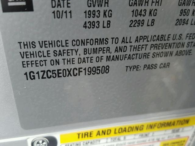1G1ZC5E0XCF199508 - 2012 CHEVROLET MALIBU 1LT 银色 照片 10