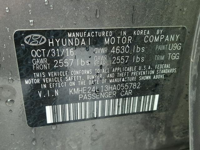 KMHE24L13HA055782 - 2017 HYUNDAI SONATA HYB GRAY photo 10