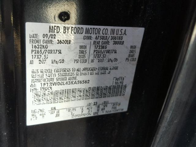 1FTRW08L43KA58562 - 2003 FORD F150 SUPER BLACK photo 10