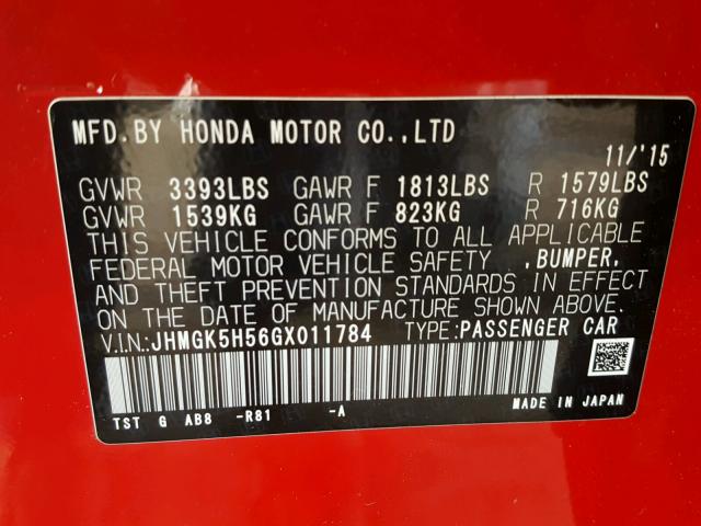 JHMGK5H56GX011784 - 2016 HONDA FIT LX Kırmızı fotoğraf 10