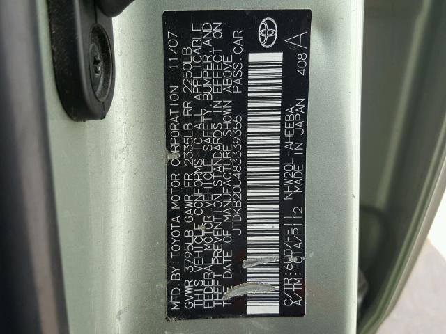 JTDKB20U483339355 - 2008 TOYOTA PRIUS GREEN photo 10