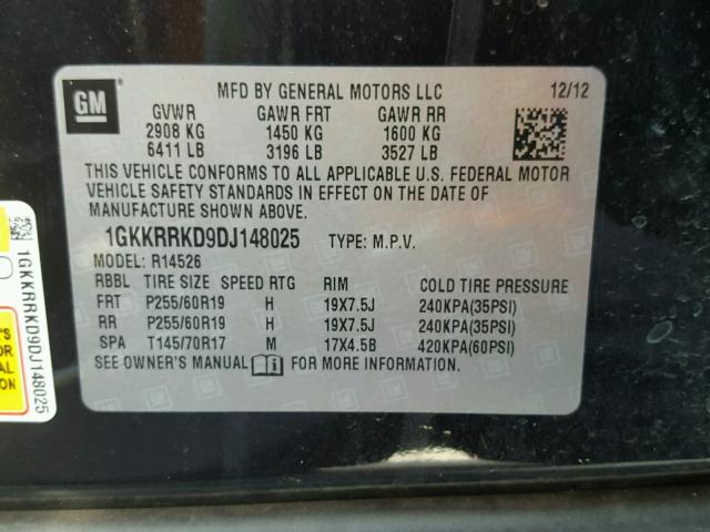 1GKKRRKD9DJ148025 - 2013 GMC ACADIA SLT შავი ფოტო 10