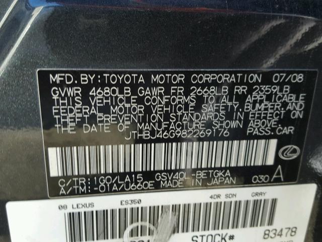 JTHBJ46G982269176 - 2008 LEXUS ES 350 BLACK photo 10