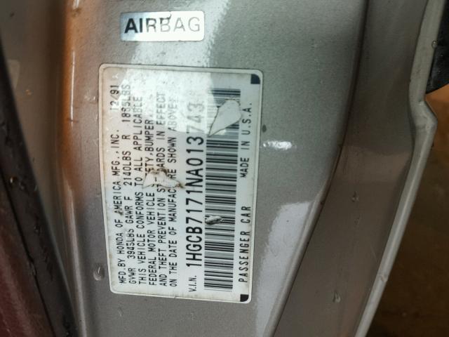 1HGCB7171NA013743 - 1992 HONDA ACCORD EX GRAY photo 10