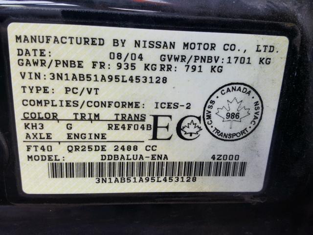 3N1AB51A95L453128 - 2005 NISSAN SENTRA SE- BLACK photo 10