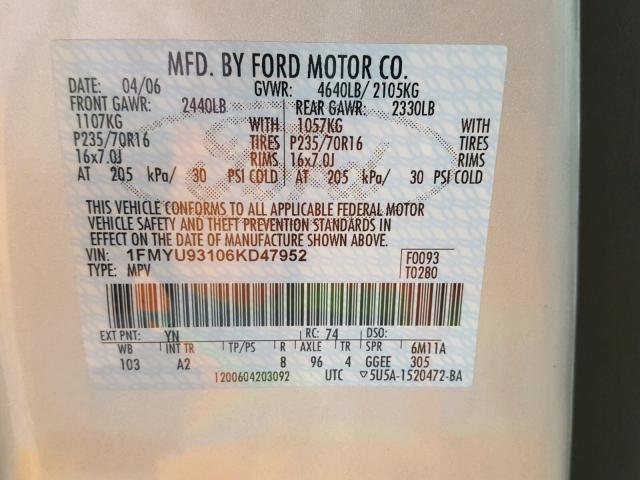 1FMYU93106KD47952 - 2006 FORD ESCAPE XLT SILVER photo 10