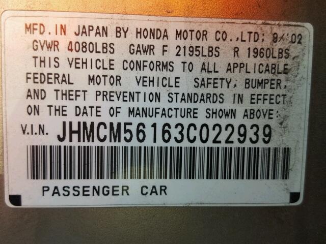 JHMCM56163C022939 - 2003 HONDA ACCORD DX TAN photo 10