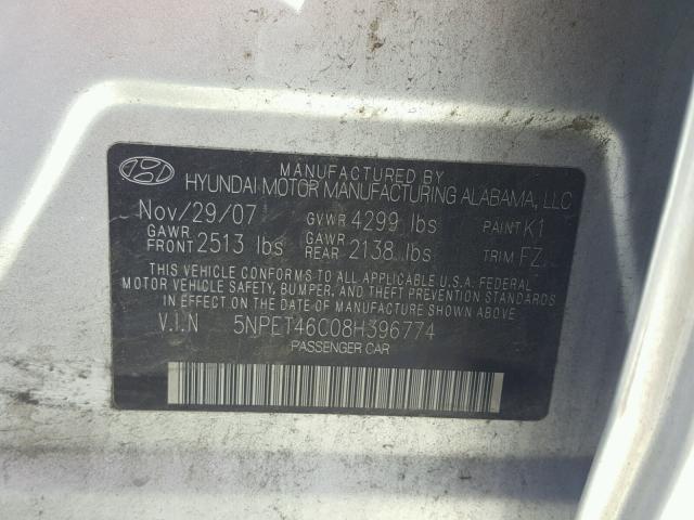 5NPET46C08H396774 - 2008 HYUNDAI SONATA GLS SILVER photo 10