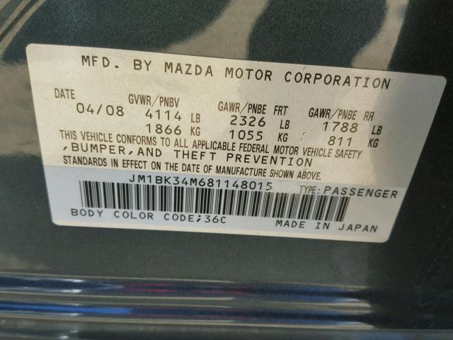 JM1BK34M681148015 - 2008 MAZDA SPEED 3 GRAY photo 10