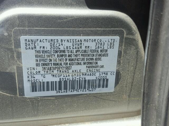 3N1AB7AP9EY219607 - 2014 NISSAN SENTRA S/S GRAY photo 10