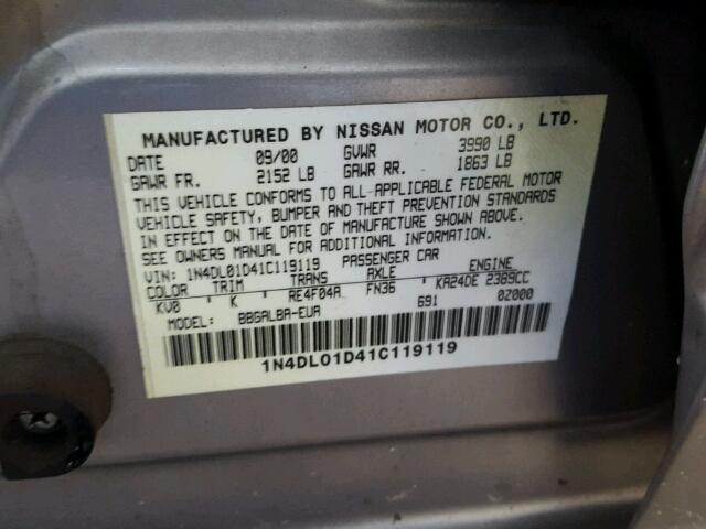 1N4DL01D41C119119 - 2001 NISSAN ALTIMA XE GOLD photo 10