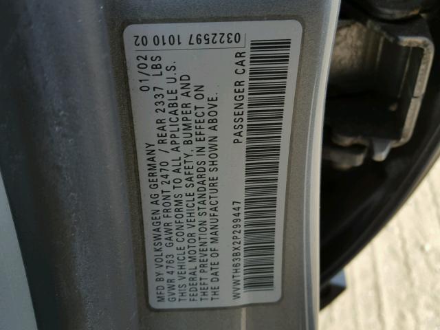 WVWTH63BX2P299447 - 2002 VOLKSWAGEN PASSAT GLX 石墨色 照片 10