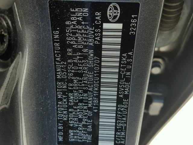 4T1BF1FK0CU110707 - 2012 TOYOTA CAMRY BASE GRAY photo 10