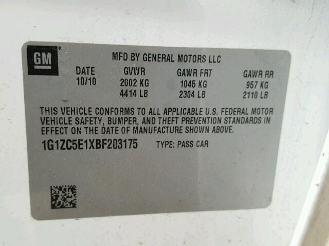 1G1ZC5E1XBF203175 - 2011 CHEVROLET MALIBU 1LT 白色 照片 10