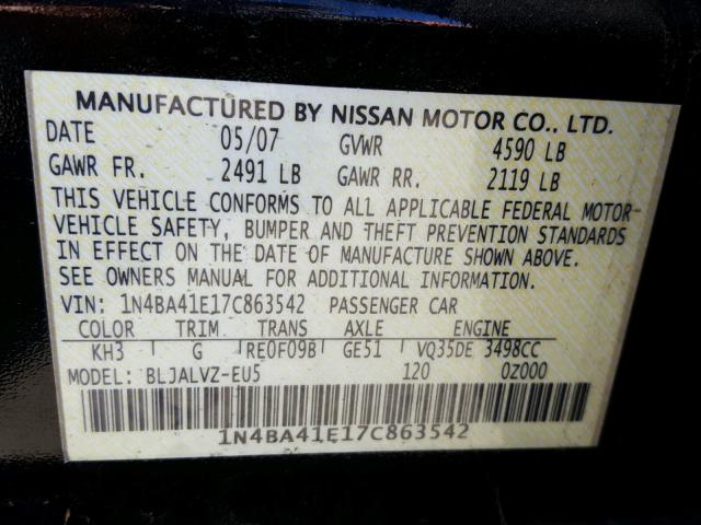 1N4BA41E17C863542 - 2007 NISSAN MAXIMA SE BLACK photo 10