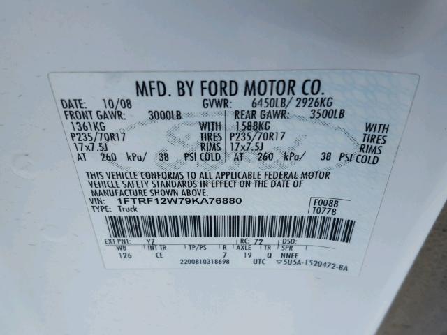 1FTRF12W79KA76880 - 2009 FORD F150 WHITE photo 10