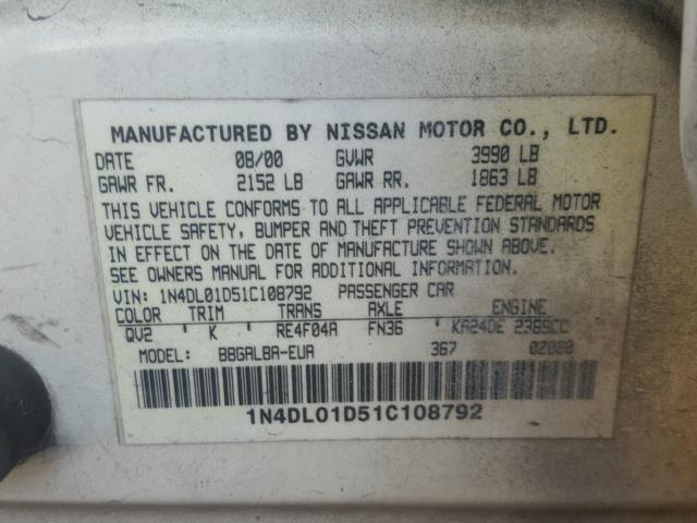 1N4DL01D51C108792 - 2001 NISSAN ALTIMA XE WHITE photo 10