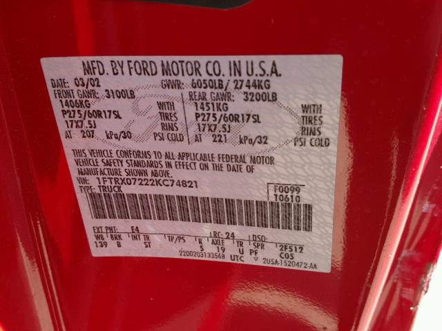 1FTRX07222KC74821 - 2002 FORD F150 RED photo 10