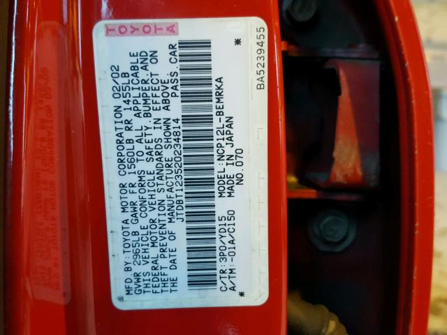 JTDBT123520234814 - 2002 TOYOTA ECHO RED photo 10