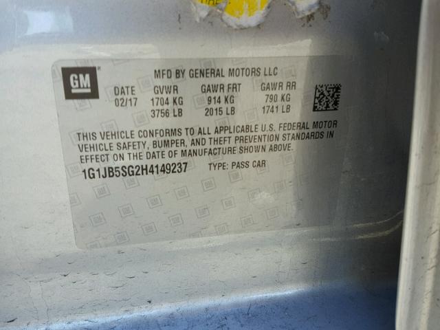 1G1JB5SG2H4149237 - 2017 CHEVROLET SONIC LS SILVER photo 10