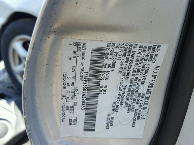 1FAFP55S02A220383 - 2002 FORD TAURUS SES SILVER photo 10