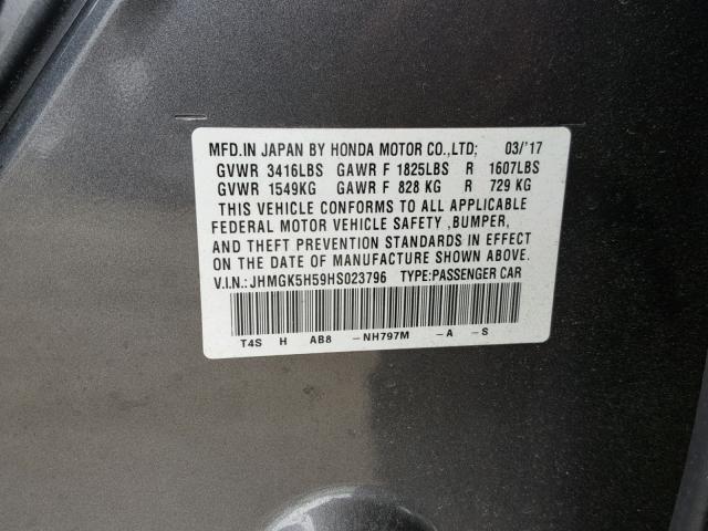 JHMGK5H59HS023796 - 2017 HONDA FIT LX CHARCOAL photo 10