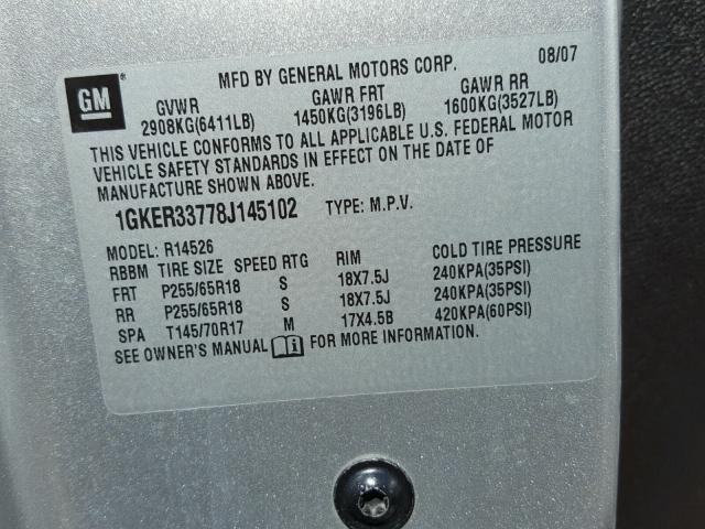 1GKER33778J145102 - 2008 GMC ACADIA SLT ვერცხლისფერი ფოტო 10