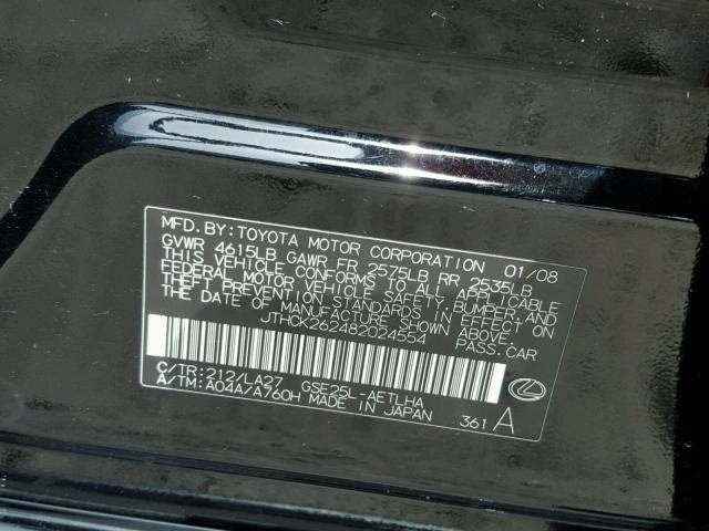 JTHCK262482024554 - 2008 LEXUS IS 250 BLACK photo 10