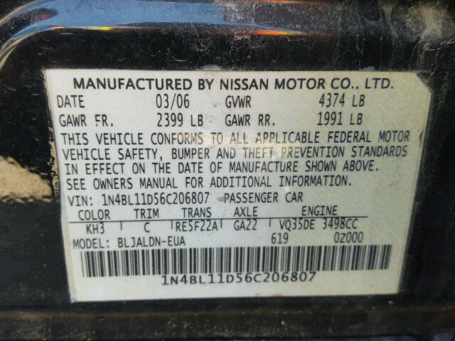 1N4BL11D56C206807 - 2006 NISSAN ALTIMA SE BLACK photo 10