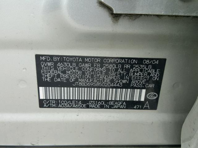 JT8BD69S850204443 - 2005 LEXUS GS 300 SILVER photo 10