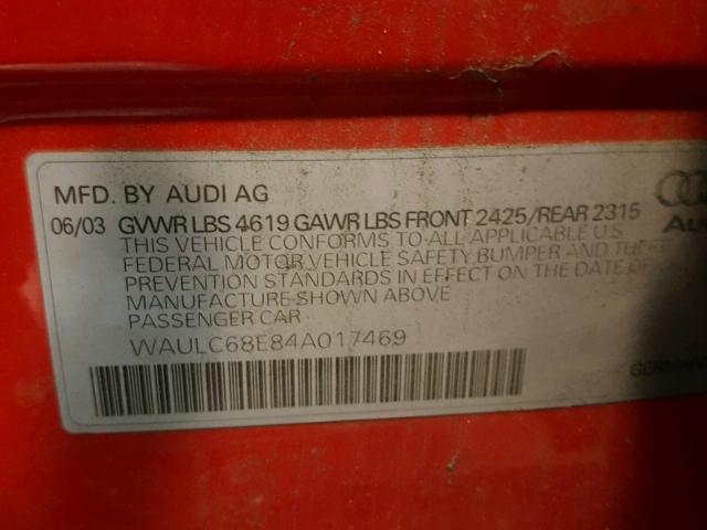 WAULC68E84A017469 - 2004 AUDI A4 1.8T QU RED photo 10