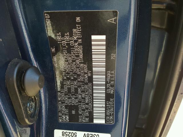 5TDZK22C57S085090 - 2007 TOYOTA SIENNA XLE BLUE photo 10