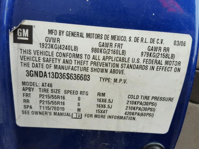 3GNDA13D36S636603 - 2006 CHEVROLET HHR LS BLUE photo 10