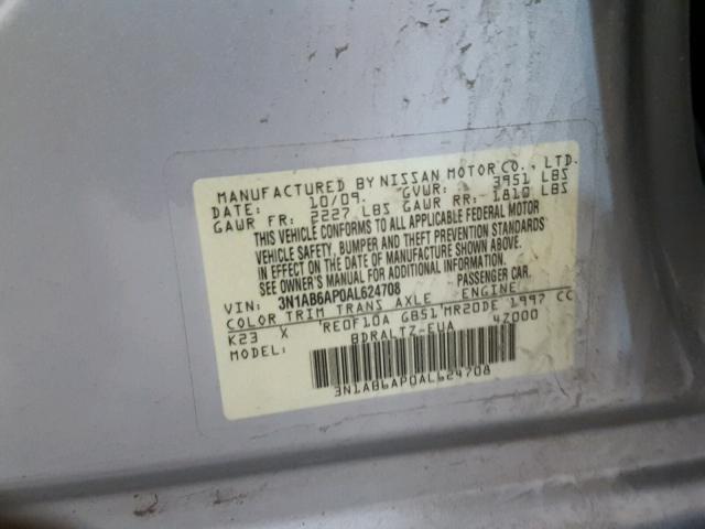 3N1AB6AP0AL624708 - 2010 NISSAN SENTRA 2.0 GRAY photo 10