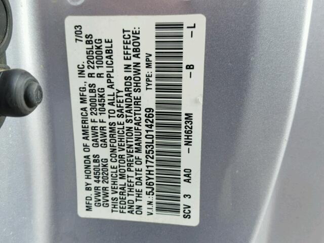 5J6YH17253L014269 - 2003 HONDA ELEMENT DX SILVER photo 10