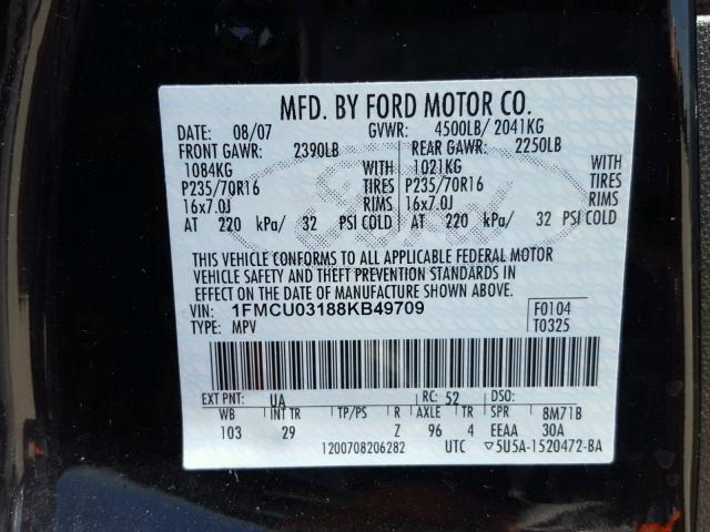 1FMCU03188KB49709 - 2008 FORD ESCAPE XLT BLACK photo 10