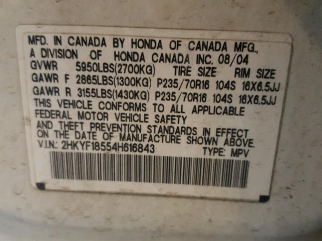 2HKYF18554H616843 - 2004 HONDA PILOT EXL WHITE photo 10