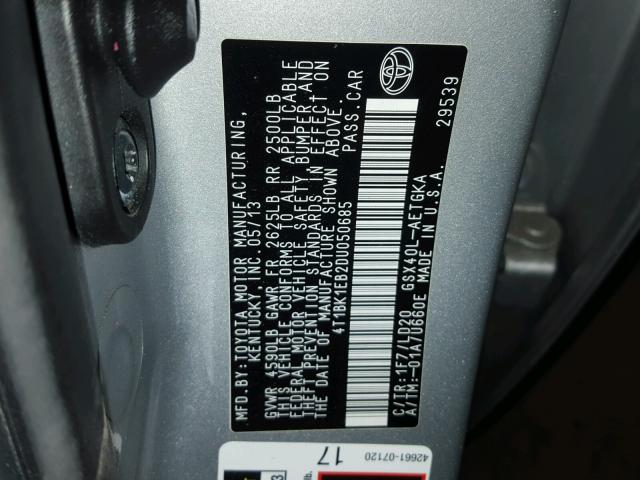 4T1BK1EB2DU050685 - 2013 TOYOTA AVALON BAS SILVER photo 10