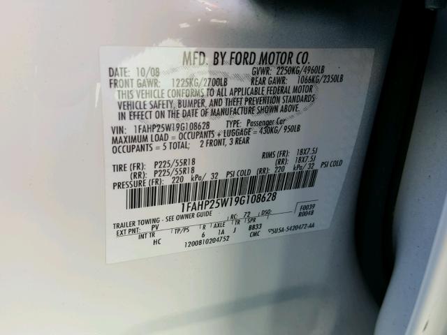 1FAHP25W19G108628 - 2009 FORD TAURUS LIM WHITE photo 10