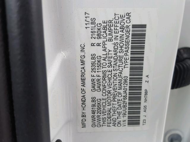 19UUB2F68JA012963 - 2018 ACURA TLX TECH+A WHITE photo 10