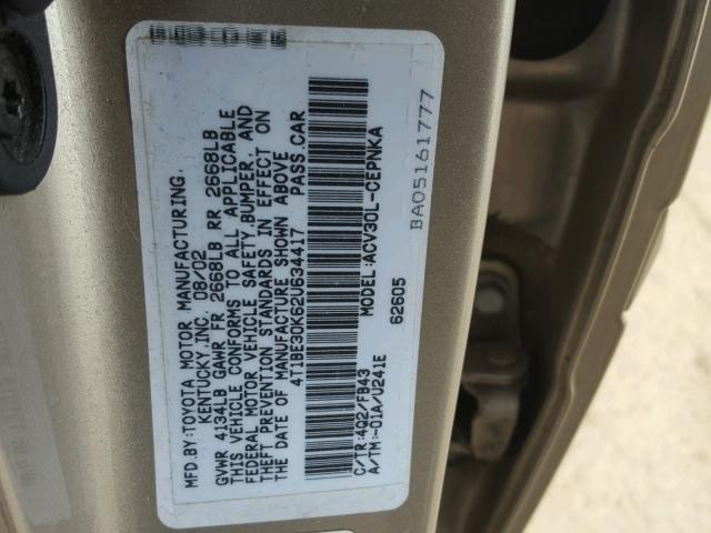 4T1BE30K62U634417 - 2002 TOYOTA CAMRY LE TAN photo 10