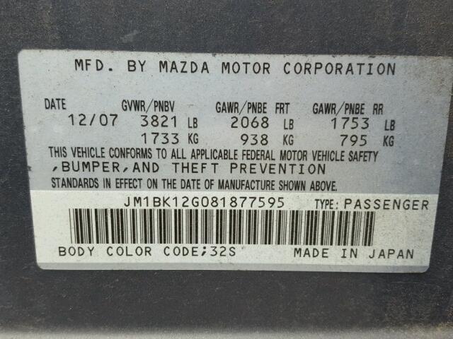 JM1BK12G081877595 - 2008 MAZDA 3 I GRAY photo 10