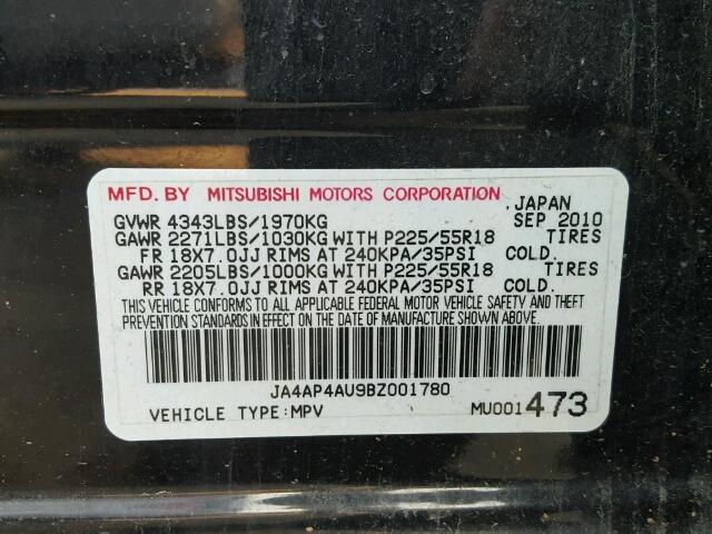 JA4AP4AU9BZ001780 - 2011 MITSUBISHI OUTLANDER BLACK photo 10