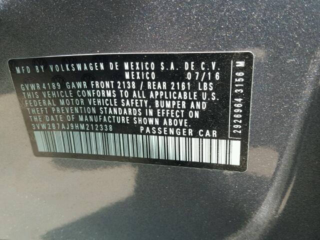 3VW2B7AJ9HM212338 - 2017 VOLKSWAGEN JETTA S 灰色 照片 10