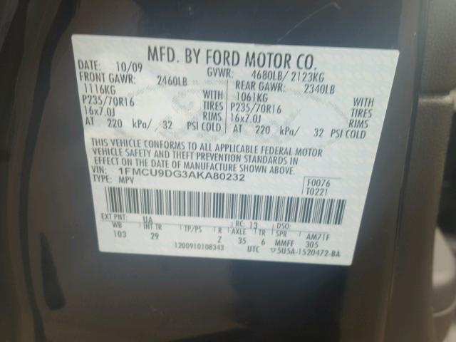 1FMCU9DG3AKA80232 - 2010 FORD ESCAPE XLT BLACK photo 10